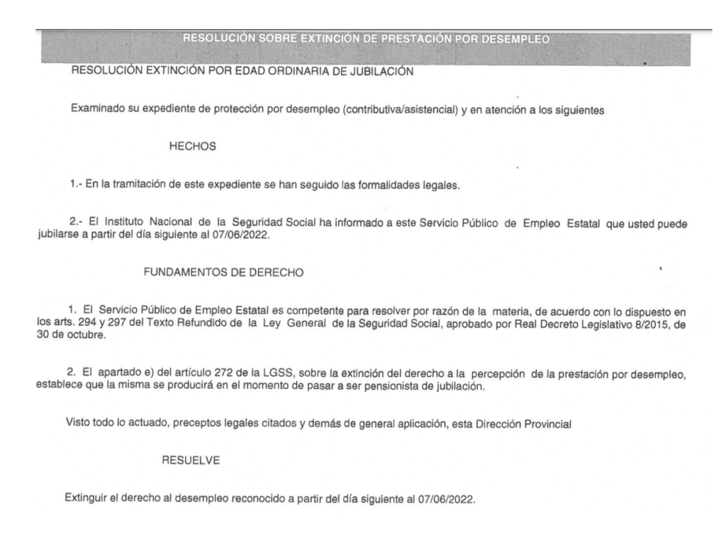 Resolución SEPE extinguiendo la prestación por desempleo (paro) por pasar a la jubilación